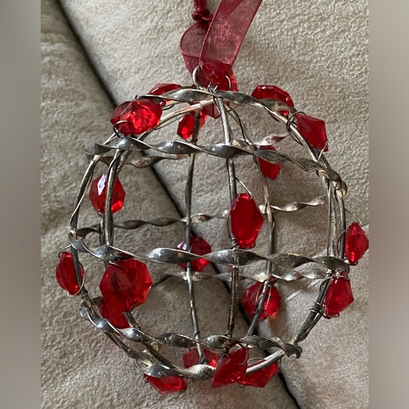 Handmade Twisted Silver Beaded Christmas Ornament w/Red Jewel Beads-3-3/4” Round - Picture 2 of 8